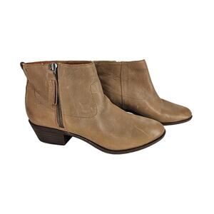 LUCKY BRAND BLANDRE TAN LEATHER BOOTIES – WOMEN’S SIZE 9M – SIDE ZIP – LOW HEEL